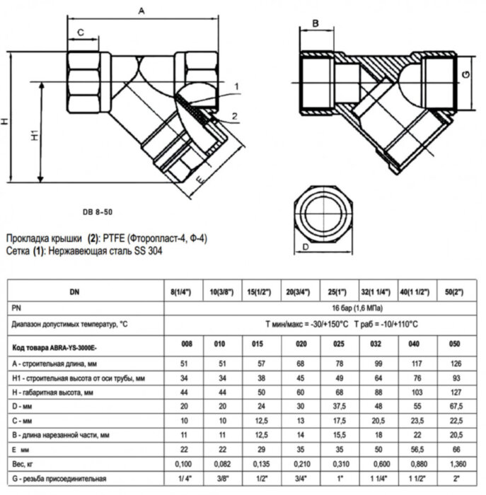 Фильтр сетчатый ABRA YS-3000E ВР 1 1/2" DN 40 PN 16 резьбовой латунный