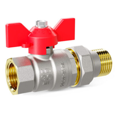 Кран шаровой латунный LD Pride 47.25.В-ГШ.Б Ду 25 Ру 40 резьба (ВР-НР) 1", никелированный с красной бабочкой, неполнопроходный