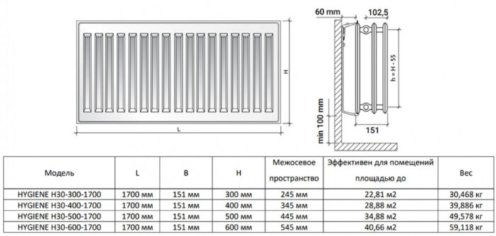 Радиатор панельный Royal Thermo HYGIENE H30-300-1700 Noir Sable