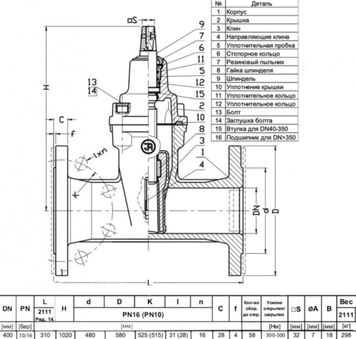 Задвижка JAFAR 2111 DN 400 PN16 фланцевая клиновая чугунная с обрезиненным клином