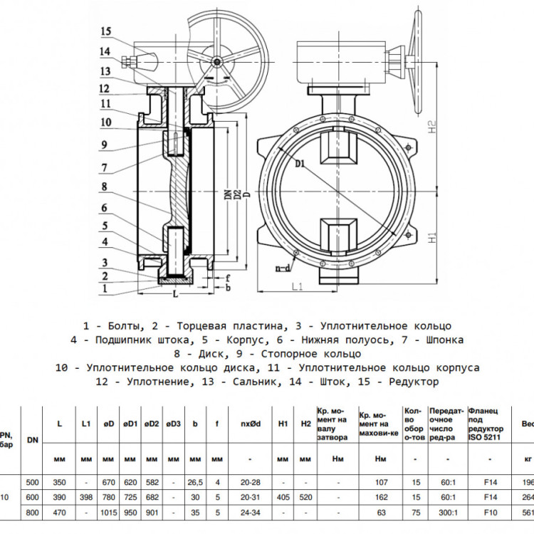 Затвор дисковый чугунный Benarmo 2210RA DN 500 PN 10 поворотный фланцевый двухэксцентриковый с редуктором 2