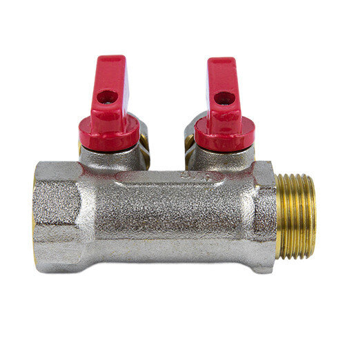 Коллектор латунный Aquasfera 7016 DN 16/25 PN 16 резьба - 1''x16x3, покрытие - никель, с шаровыми кранами, резьбовой ВР-НР/компрессионный, ручка-флажок красная, 7016-05