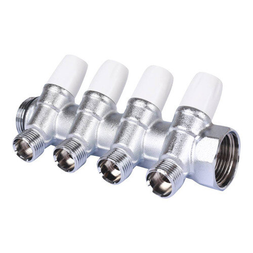 Коллектор распределительный Tiemme Maxima 1860020 4 отвода ВР-НР 1"х1/2" DN 25 PN 10 с регулирующими клапанами модульный