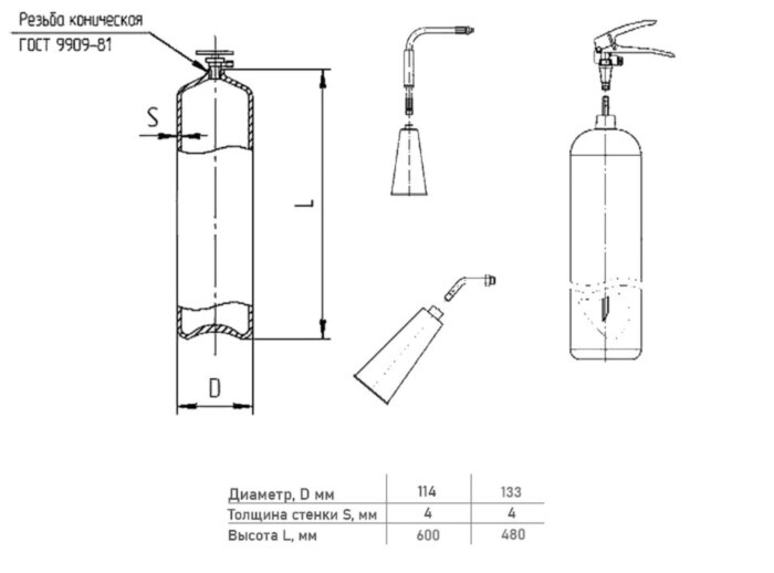 Огнетушитель углекислотный Ярпожинвест ОУ-3-ВСЕ-114-600, ЗПУ-алюминий