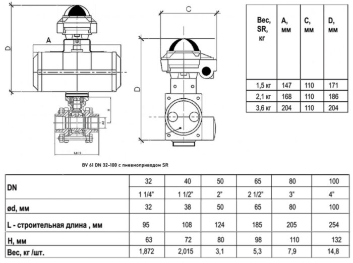 Кран шаровой ABRA BV61 SR DN 100 PN 40 с пневмоприводом нержавеющая сталь