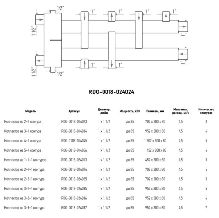 Коллектор распределительный ROMMER RDG-0018-024024 4-х контурный НР 1"x1 1/2" Ду 40 Ру 4 дублёр компакт с гидравлическим разделителем