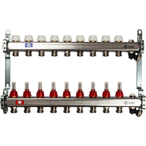 Коллектор STOUT с расходомерами с клапаном вып. воздуха и сливом 9 выходов