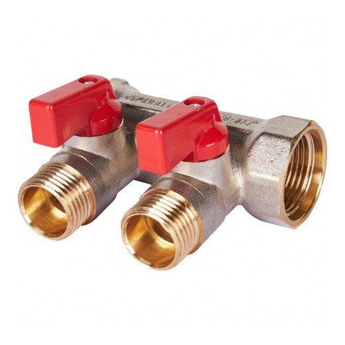 Коллектор распределительный STOUT SMB 6210 2 отвода ВР-НР 3/4"х1/2" DN 20 PN 10 с шаровыми кранами красная рукоятка уплотнительное кольцо 1