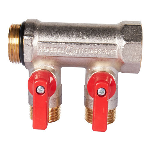 Коллектор распределительный STOUT SMB 6210 2 отвода ВР-НР 3/4"х1/2" DN 20 PN 10 с шаровыми кранами красная рукоятка уплотнительное кольцо 2