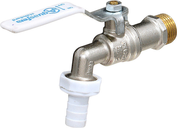Кран шаровой латунный водоразборный Aquasfera Standard 1119 DN 15 PN 16 резьба - 1/2'', покрытие - никель, полнопроходной цапковый резьбовой НР-штуцерный, ручка-рычаг белая 1119-01