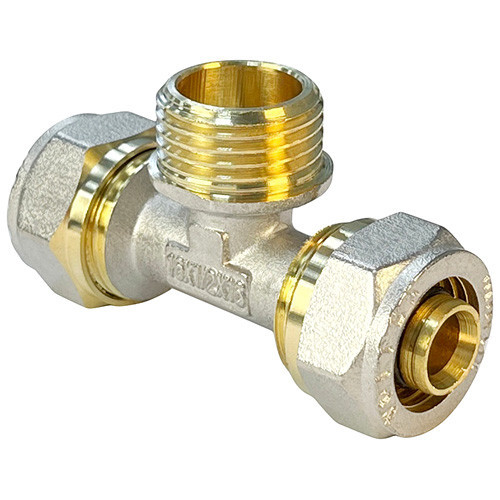 Тройник обжимной VALFEX VF.333.N НР 1 1/4" Ду 32 Ру 25 переход на наружную резьбу, никелированный латунный 1
