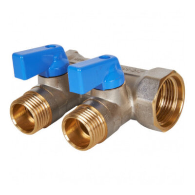 Коллектор распределительный STOUT SMB 6211 2 отвода ВР-НР 3/4"х1/2" DN 20 PN 10 с шаровыми кранами синяя рукоятка уплотнительное кольцо