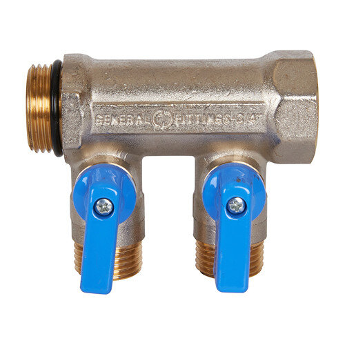 Коллектор распределительный STOUT SMB 6211 2 отвода ВР-НР 3/4"х1/2" DN 20 PN 10 с шаровыми кранами синяя рукоятка уплотнительное кольцо