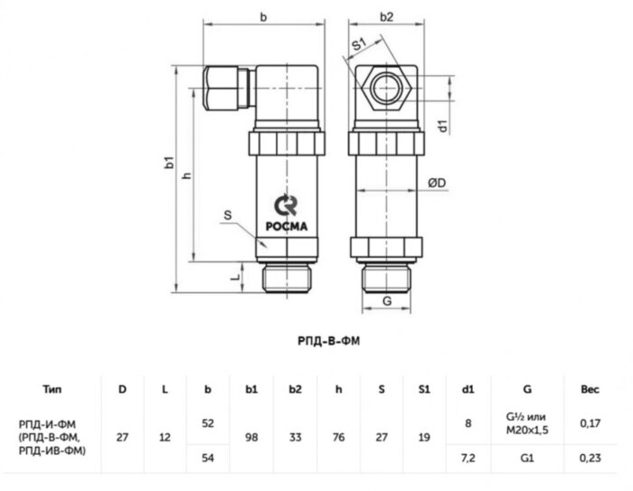 Датчик давления с фронтальной мембраной РОСМА РПД-В-ФМ Дкорп=27мм 0-0,025 МПа кл. 0,5 G1/2" УТ-00047563