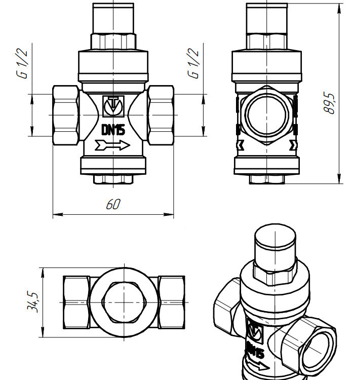 Редуктор давления VALTEC VT.083.N.04 1/2'' DN 15 PN 16 поршневой, прямого действия, латунный с никелированным покрытием 2