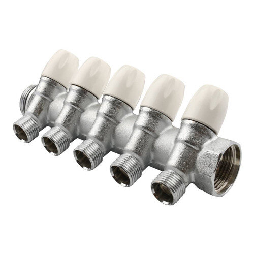 Коллектор распределительный Tiemme Maxima 1860028 5 отводов ВР-НР 1"х1/2" DN 25 PN 10 с регулирующими клапанами модульный