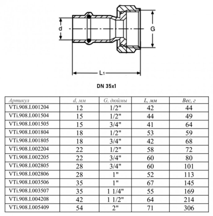 Переходник VALTEC VTi.908.I ВР 1" DN 35x25 PN 16 с накидной гайкой нержавеющая сталь
