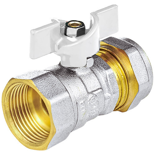 Кран шаровой латунный для МП Aquasfera Standard 1116 DN 15 Dтр 20 PN 16 резьба - 1/2'', покрытие - никель, неполнопроходной резьбовой ВР/компрессионный, ручка-бабочка белая 1116-02 1