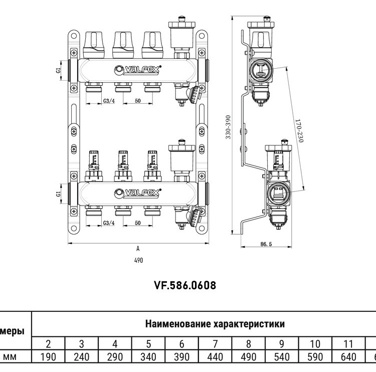 Коллекторная группа VALFEX VF.586.0608 8-ми контурный ВР-НР 1"x3/4" DN 25 PN 6 с дренажными кранами и регулирующими, балансировочными клапанами и расходомерами 2