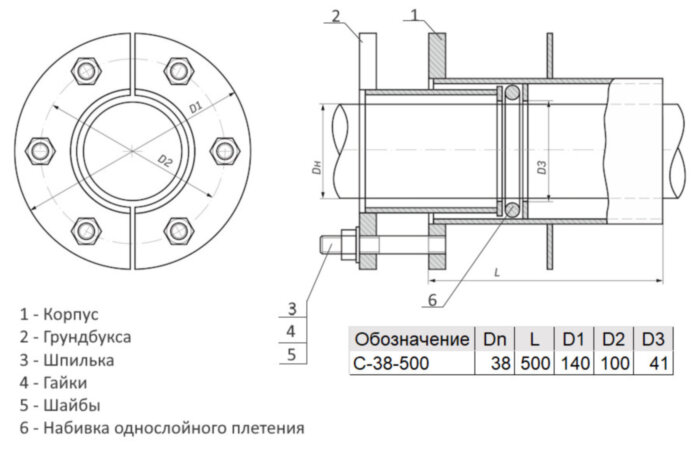 Сальник нажимной С-38-500 ТММ 18-03 Ду 38 L=500мм