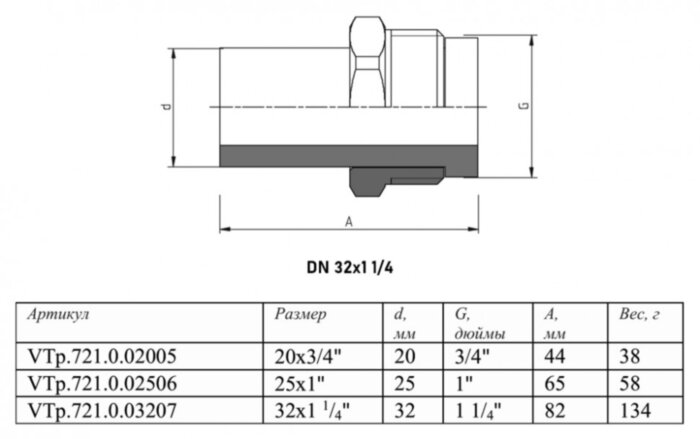 Патрубок VALTEC VTp.721 НР 1 1/4" DN 32 PN 25 с накидной гайкой полипропиленовый комбинированный