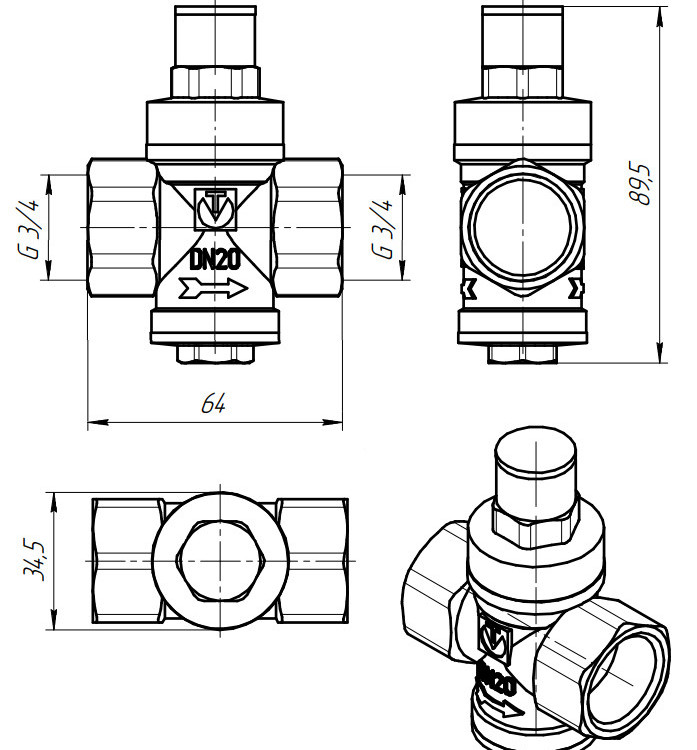 Редуктор давления VALTEC VT.083.N.05 3/4'' DN 20 PN 16 поршневой, прямого действия, латунный с никелированным покрытием 2