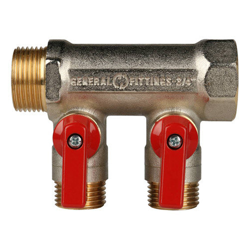 Коллектор распределительный STOUT SMB 6200 2 отвода ВР-НР 3/4"х1/2" DN 20 PN 10 с шаровыми кранами красная рукоятка