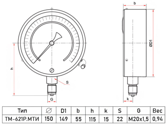 Манометр РОСМА ТМ-621РМТИ.00 (0...0,1 MПa) Дкорп=150мм кл. 0,6 M20x1,5 ЗП коррозионностойкий виброустойчивый радиальный 00000037756