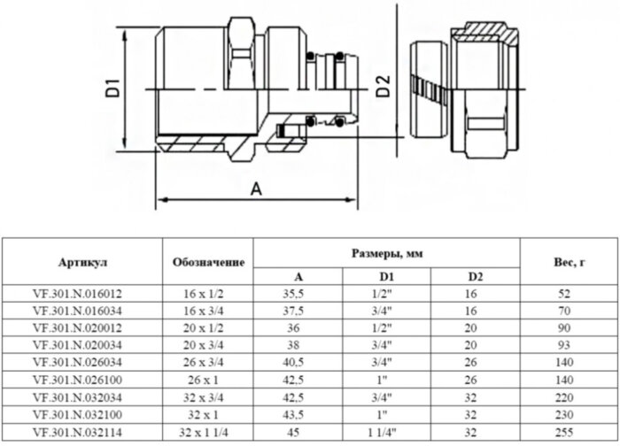 Соединитель обжимной VALFEX VF.301.N НР 1 1/4" Ду 32 Ру 25 переход на наружную резьбу, никелированный латунный
