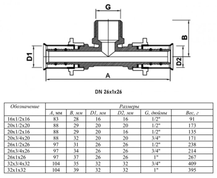 Тройник переходной VALTEC VTm.233 НР 1" DN 26x25x26 PN 10 латунный никелированный