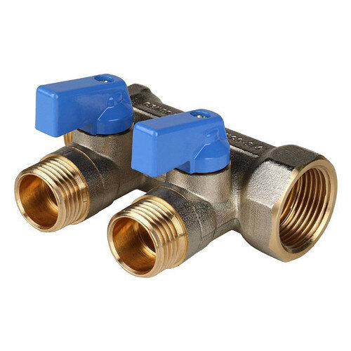 Коллектор распределительный STOUT SMB 6201 2 отвода ВР-НР 3/4"х1/2" DN 20 PN 10 с шаровыми кранами синяя рукоятка