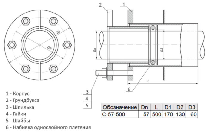 Сальник нажимной С-57-500 ТММ 18-03 Ду 57 L=500мм