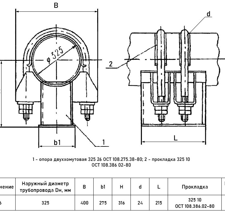 Опора Дн 325 26 ОСТ 108.275.32-80 скользящая двуххомутовая коррозионностойкая сталь, АЭС 2