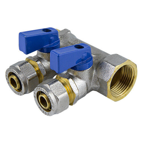 Коллектор латунный Aquasfera 7015 DN 16/25 PN 16 резьба - 1''x16x3, покрытие - никель, с шаровыми кранами, резьбовой ВР-НР/компрессионный, ручка-флажок синяя, 7015-06