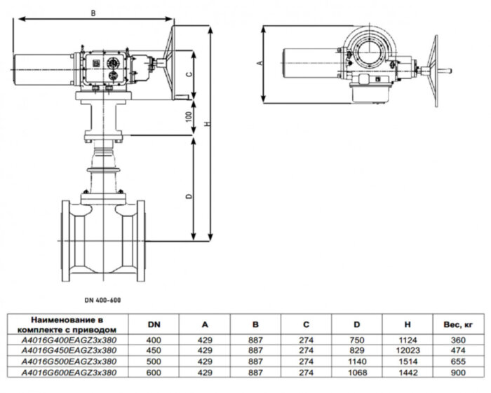 Задвижка клиновая ABRA A40-G-BS F4 DN 600 чугунная фланцевая с электроприводом