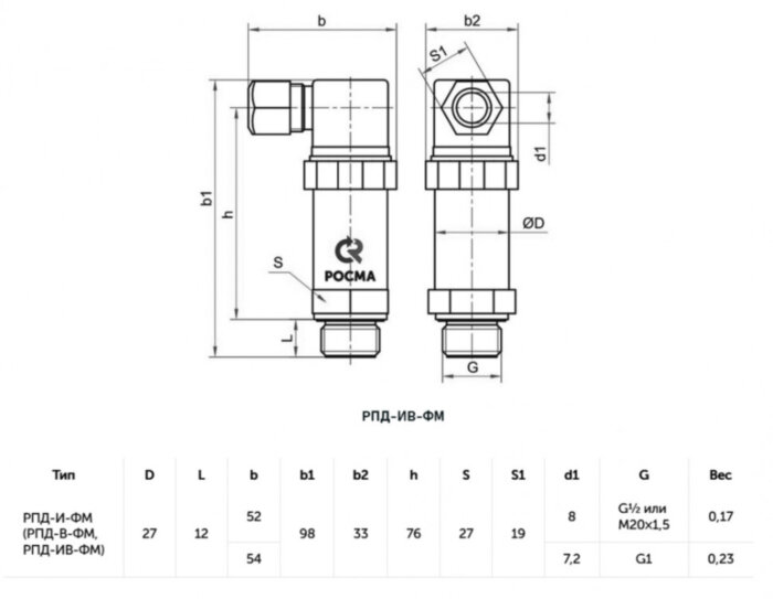 Датчик давления с фронтальной мембраной РОСМА РПД-ИВ-ФМ Дкорп=27мм -0,1-0,5 МПа кл. 0,5 G1/2" УТ-00055155