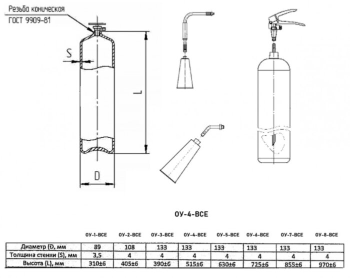 Огнетушитель углекислотный Ярпожинвест ОУ-4-ВСЕ, ЗПУ-алюминий