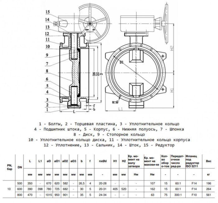 Затвор дисковый чугунный Benarmo 2210RA DN 600 PN 10 поворотный фланцевый двухэксцентриковый с редуктором