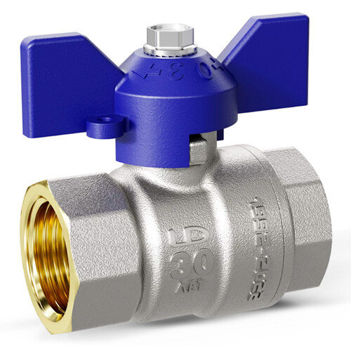 Кран шаровой латунный LD Pride 47.32.В-В.Б Ду 32 Ру 25 резьба (ВР-ВР) 1 1/4", никелированный с синей бабочкой, неполнопроходный