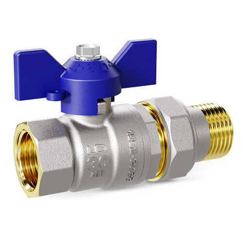 Кран шаровой латунный LD Pride 47.32.В-ГШ.Б Ду 32 Ру 25 резьба (ВР-НР) 1 1/4", никелированный с синей бабочкой, неполнопроходный