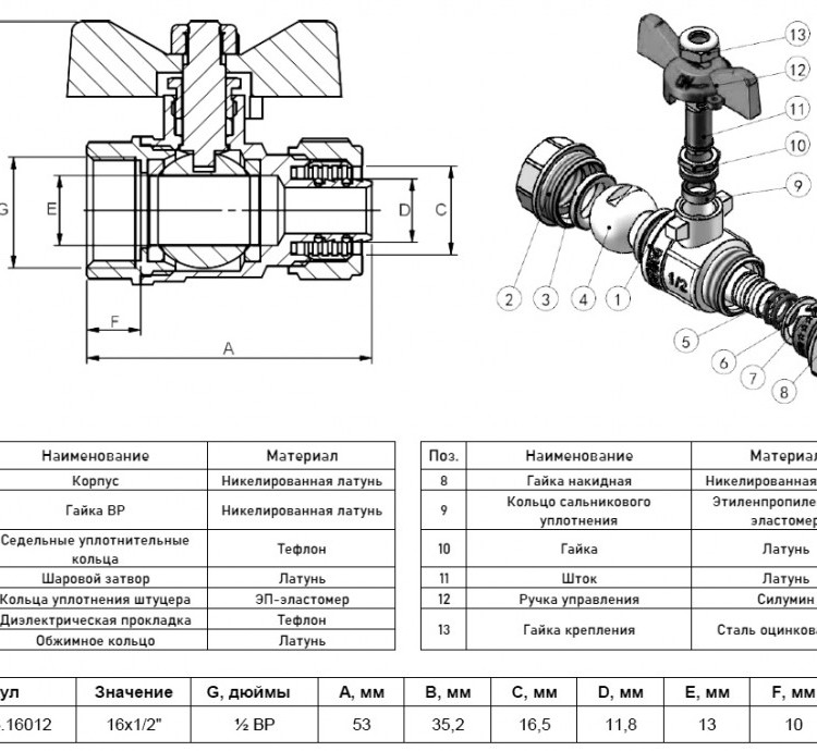Кран шаровой обжимной VALFEX VF.342.NB Ду 16 ВР 1/2" Ру 25 никелированный латунный, ручка-бабочка 2