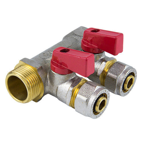 Коллектор латунный Aquasfera 7016 DN 16/25 PN 16 резьба - 1''x16x4, покрытие - никель, с шаровыми кранами, резьбовой ВР-НР/компрессионный, ручка-флажок красная, 7016-06