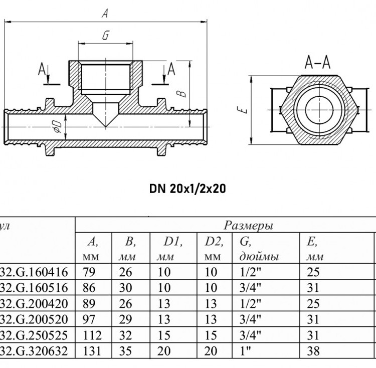 Тройник переходной VALTEC VTm.432.G ВР 1/2" DN 20x15x20 PN 16 латунный 2