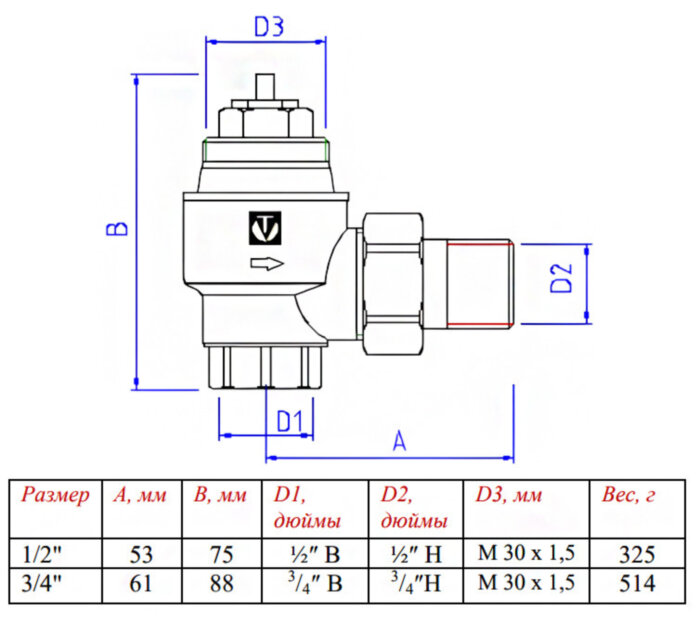 Клапан радиаторный Valtec VT.033 3/4" DN 20 PN 10 повышенной пропускной способности, угловой
