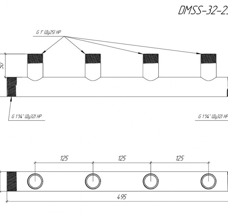 Коллектор распределительный GIDRUSS DMSS-32-25x4 4-х контурный НР 1 1/4"x1" Ду 32 Ру 10 магистральный 3