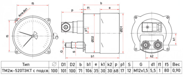 Манометр РОСМА ТМ2ж-520ТЭКТ (0...1,6 MПa) Дкорп=100мм кл. 1,5 2хM12х1,5 железнодорожный двухштуцерный c LED-подсветкой, эксцентрический УТ-00044542