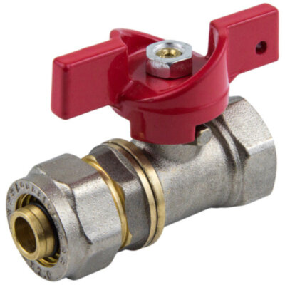Кран шаровой латунный для МП трубы Aquasfera EURO 1016 DN 15 Dтр 20 PN 16 резьба - 1/2'', покрытие - никель, неполнопроходной резьбовой ВР/компрессионный, ручка-бабочка красная 1016-02
