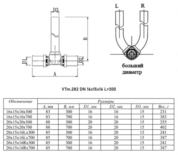 Тройник переходной VALTEC VTm.282 DN 16x15x16 PN 10 L=300 с хромированной трубкой латунный никелированный