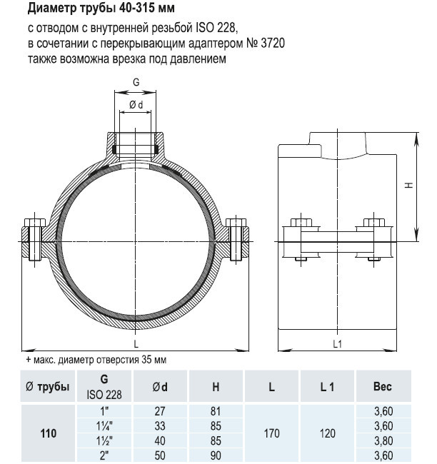 Врезной хомут HAWLE 5250 DN 110 PN 16 системы HAKU с отводом с внутренней резьбой 1 1/4" 3