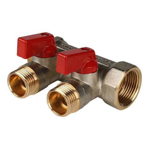 Коллектор распределительный STOUT SMB 6200 2 отвода ВР-НР 3/4"х1/2" DN 20 PN 10 с шаровыми кранами красная рукоятка